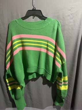 Free People Crop Green Crewneck Sweater with Pink & Yellow Stripes